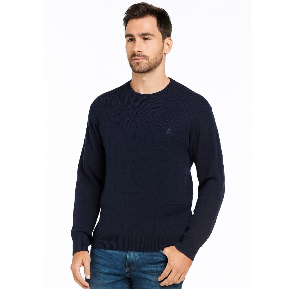 IZOD Men’s Cotton Sweater Size M Navy Textured Grid Knit Crewneck Pullover